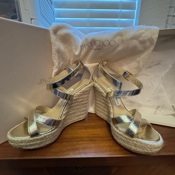 Jimmy Choo Gold/Champage Porto Platform Wedge Espadrille Sandal EU36/6 - Picture 3 of 16